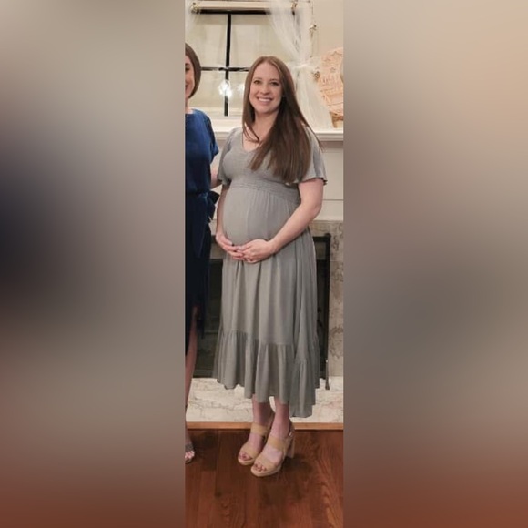 Pinkblush Light Olive Smocked V-Neck Maternity Midi Dress Small - Picture 2 of 6